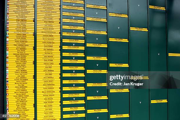 General view of the scoreboard with the the Gentlemans draw on showing the route of Novak Djokovic of Serbia and Roger Federer of Switzerland to the...