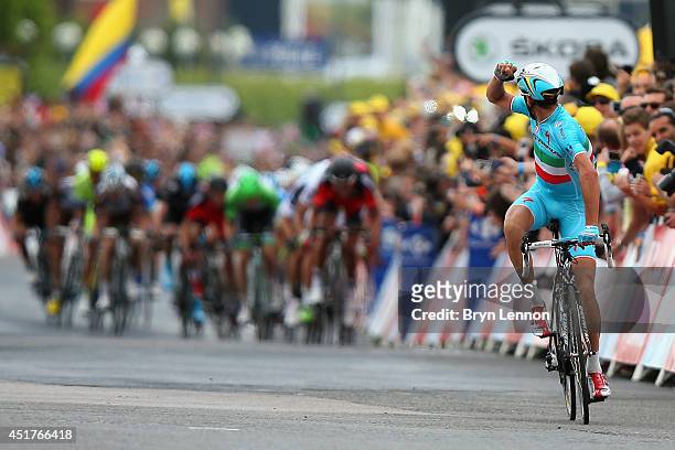 Vincenzo Nibali of Italy and the Astana Pro Team celebrates winning the second stage of the 2014 Tour de France, a 201km stage between York and...