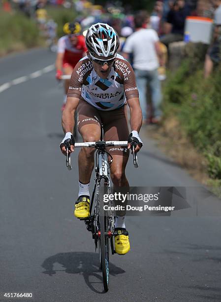 Blel Kadri of France and AG2R La Mondiale launches a solo attack from the breakaway on the Cote de Holme Moss as he was named the most aggressive...