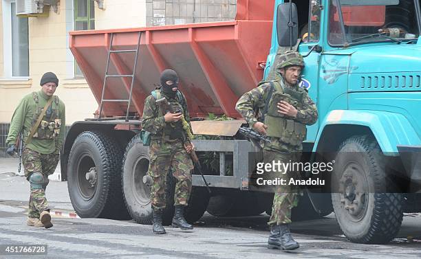 Ukraine army deploy its troops against the pro-Russian separatists in Slavyansk, Ukraine on July 6, 2014. The streets are damaged after the clashes...