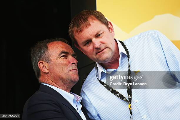 Times Tour de France winner Bernard Hinault chats to Welcome to Yorkshire Chief Executive Gary Verity at the finish of stage two of the 2014 Tour de...
