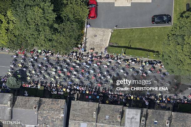 Aerial view of the pack during the 201 km second stage of the 101st edition of the Tour de France cycling race on July 6, 2014 between York and...