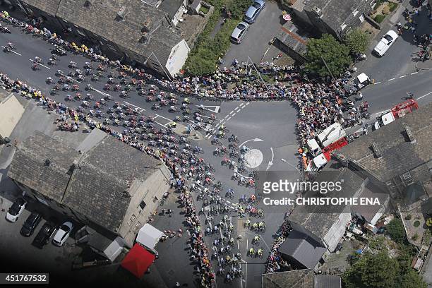 Aerial view of the pack during the 201 km second stage of the 101st edition of the Tour de France cycling race on July 6, 2014 between York and...