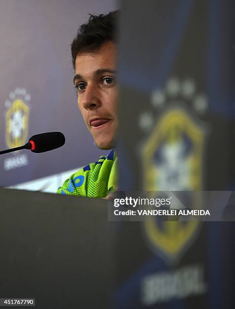 Brazil's forward Bernard takes part in a press conference in Granja Comary training complex in Teresopolis, 90kms from Rio de Janeiro on July 6, 2014...