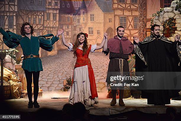 Thomas Soliveres , Nassima Benchicou , Augustin de Monts and William Lebghil perform during 'Le Bossu de Notre Dame' Premiere at the Theatre Antoine...