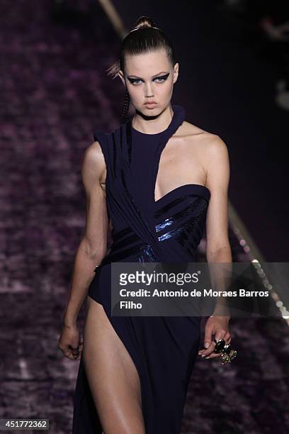 Lindsey Wixson walks the runway during the Versace show as part of Paris Fashion Week - Haute Couture Fall/Winter 2014-2015 at on July 6, 2014 in...