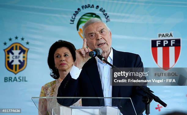 And Local Organising Committee President Jose Maria Marin visits the Kick-off 2014 FIFA World Cup Football Legacy Project at CEJU on July 6, 2014 in...