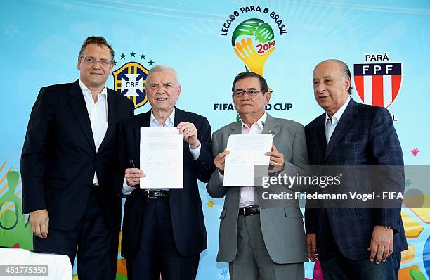Secretary General Jerome Valcke, CBF and Local Organising Committee President Jose Maria Marin, FIFA Executive Committee member and CBF...