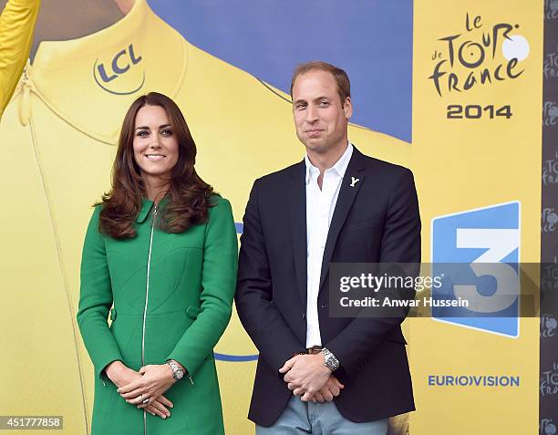 Prince William, Duke of Cambridge and Catherine, Duchess of Cambridge stand on the podium at the end of of Stage 1 of the Tour de France, on July 05,...