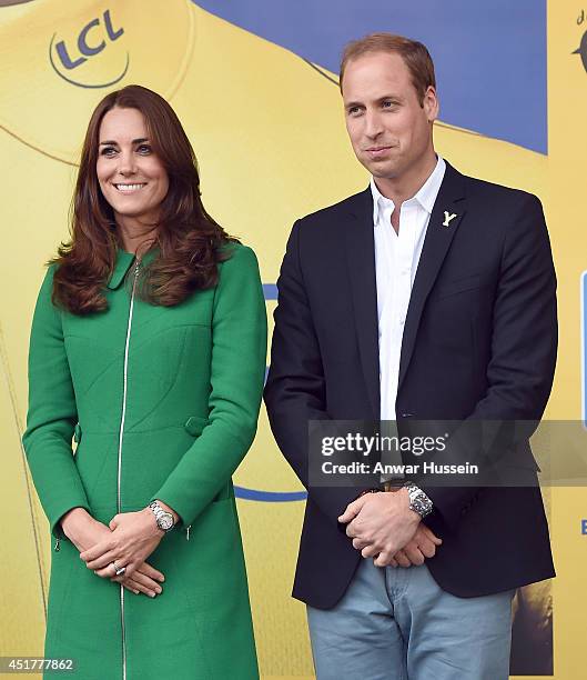 Prince William, Duke of Cambridge and Catherine, Duchess of Cambridge stand on the podium at the end of of Stage 1 of the Tour de France, on July 05,...