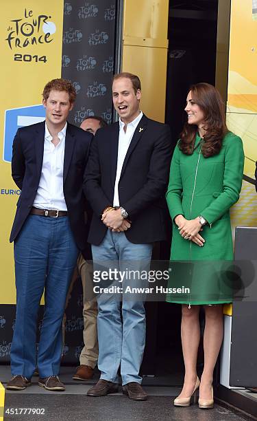 Prince Harry, Prince William, Duke of Cambridge and Catherine, Duchess of Cambridge stand on the podium at the end of of Stage 1 of the Tour de...
