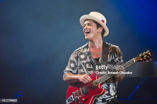 Bruno Mars performs on stage at Wireless Festival at Finsbury Park on July 6, 2014 in London, United Kingdom.