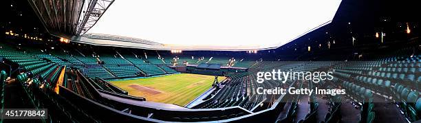 General view of an empty Centre Court following the Men's Singles Final on day thirteen of the Wimbledon Lawn Tennis Championships at the All England...