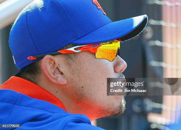 Daisuke Matsuzaka of the New York Mets looks on during the eighth inning against the Texas Rangers at Citi Field on July 6, 2014 in the Flushing...