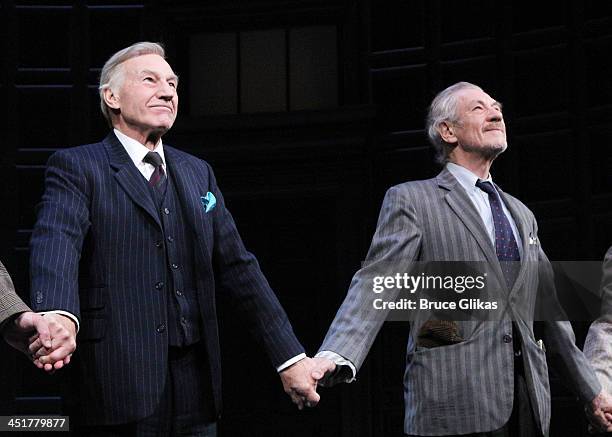 Patrick Stewart and Ian McKellen take their opening night curtain call in "No Man's Land" at the Cort Theatre on November 24, 2013 in New York City.