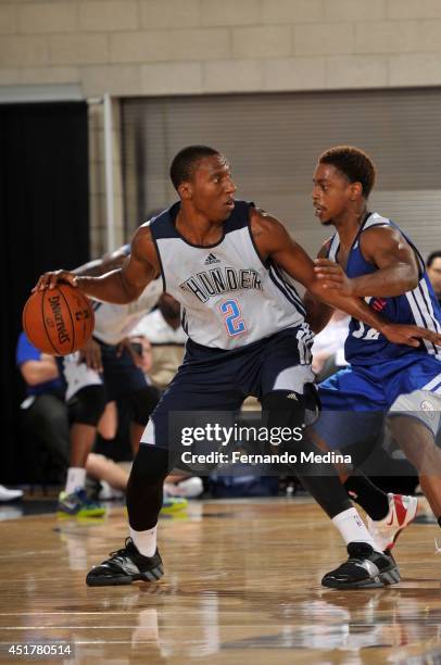 Nolan Smith of the Oklahoma City Thunder handles the ball against the Philadelphia 76ers during the Samsung NBA Summer League 2014 on July 6, 2014 at...