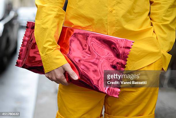 Pretto PR ceo's Fredrik Robertsson poses wearing Marni shirt and pants and Margiela for H&M clutch before Fred Sathal on July 6, 2014 in Paris,...
