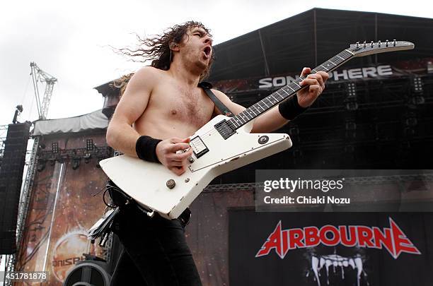 Joel O'Keeffe of Airbourne performs at Day 3 of the Sonisphere Festival at Knebworth Park on July 6, 2014 in Knebworth, England.
