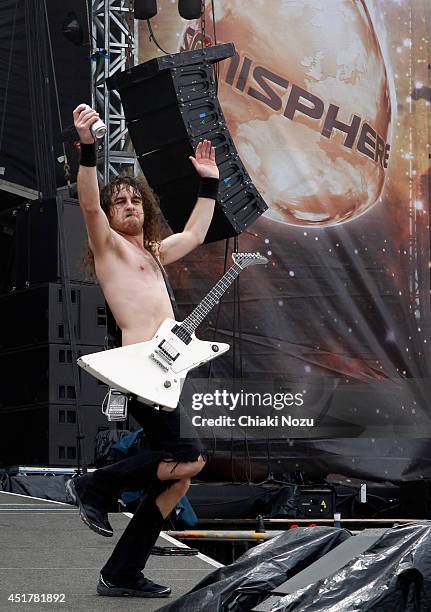 Joel O'Keeffe of Airbourne performs at Day 3 of the Sonisphere Festival at Knebworth Park on July 6, 2014 in Knebworth, England.