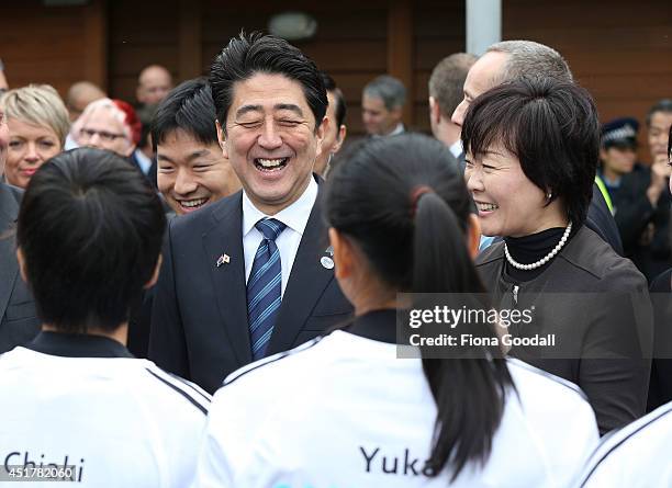 Japanese Prime Minister Shinzo Abe his wife Akie at Villa Maria Winery to meet with English students from a new edu-sport programme on July 7, 2014...