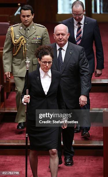 Governor-General Peter Cosgrove arrives in the Senate Chamber for the official swearing in of the new Senate on July 7, 2014 in Canberra, Australia....