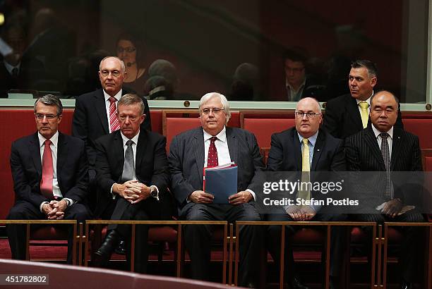 Palmer United leader Clive Palmer watches on during the official swearing in of the new Senate on July 7, 2014 in Canberra, Australia. Twelve...