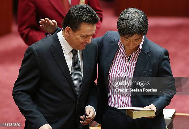 Senator Nick Xenophon and Senator Penny Wong during the official swearing in ceremony on July 7, 2014 in Canberra, Australia. Twelve Senators will be...