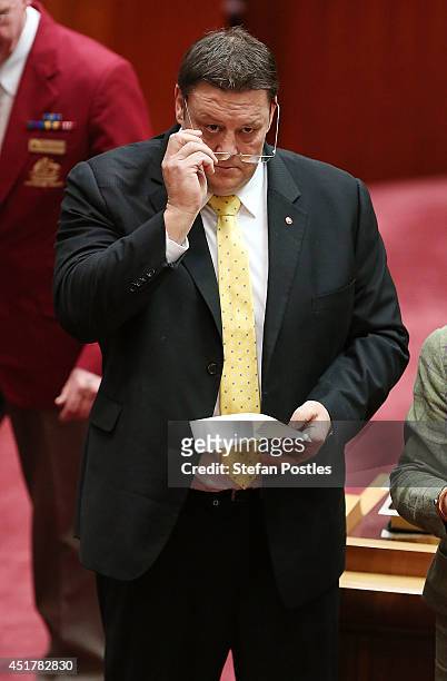 Senator for Queensland Glenn Lazarus is sworn in during an official swearing in ceremony on July 7, 2014 in Canberra, Australia. Twelve Senators will...