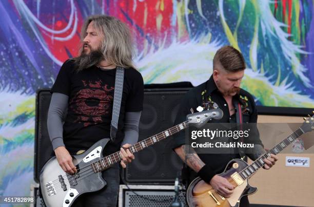 Troy Sanders and Bill Kelliher of Mastodon perform at Day 3 of the Sonisphere Festival at Knebworth Park on July 6, 2014 in Knebworth, England.