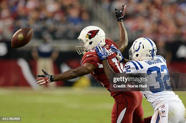 Andre Roberts of the Arizona Cardinals can't come up with the pass while being defended by Cassius Vaughn of the Indianapolis Colts at University of...