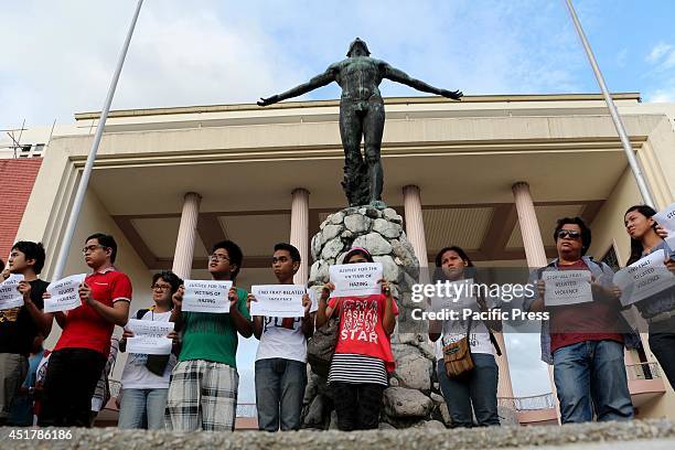 The Colleges Editors Guild of the Philippines and other youth groups gather in front of the Oblation to condemn all forms of fraternity-related...
