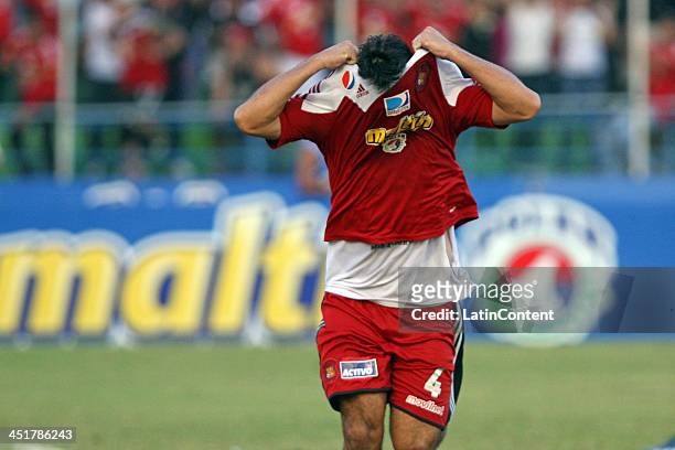 Roberto Tocker of Caracas FC celebrates a scored goal against Deportivo Tachira during a match between Caracas FC and Deportivo Tachira as part of...