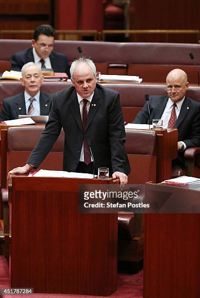 Senator John Madigan during Senate question time on July 7, 2014 in Canberra, Australia. Twelve Senators will be sworn in today, with the repeal of...