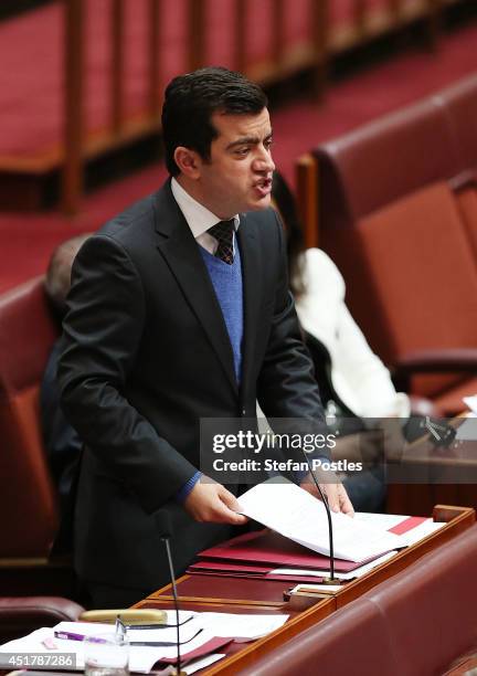 Senator Sam Dastyari during Senate question time on July 7, 2014 in Canberra, Australia. Twelve Senators will be sworn in today, with the repeal of...