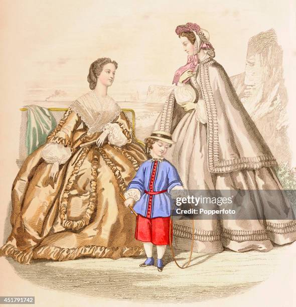 French vintage fashion illustration featuring two stylish ladies with a young boy in a seaside setting, published in Paris, circa September 1862.