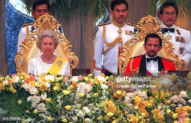 Queen Elizabeth II, and Haji Hassanal Bolkiah, The Sultan of Brunei, attend a Banquet, during The State visit of Queen Elizabeth ii, and Prince...