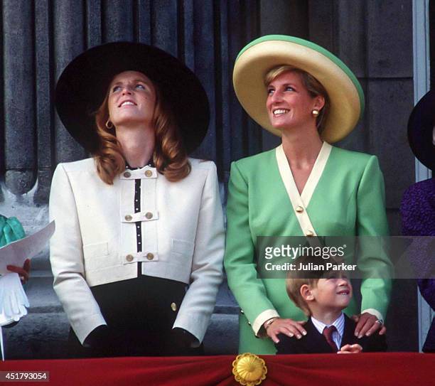 Diana, Princess of Wales ,and Sarah, Duchess of York, and Prince Harry, attend the 50th Anniversary of The Battle of Britain Parade, on the balcony...