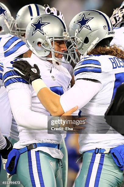 Dan Bailey of the Dallas Cowboys is congratulated by Kyle Bosworth after Bailey kicked the game winning field goal in the final seconds of the game...