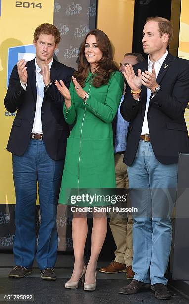 Prince Harry, Catherine, Duchess of Cambridge and Prince William, Duke of Cambridge attend the finish of Stage 1 of the Tour de France on July 5,...