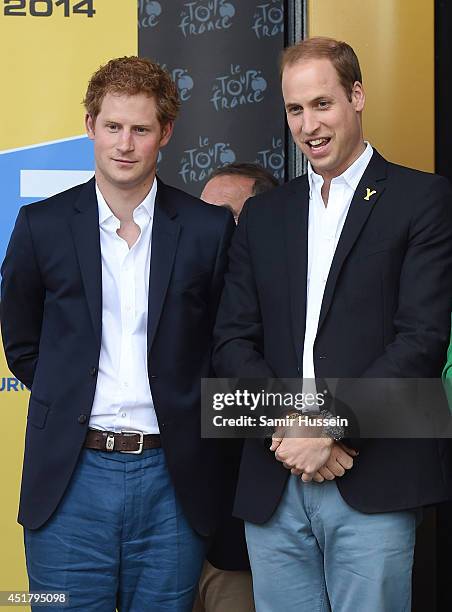 Prince Harry and Prince William, Duke of Cambridge attend the finish of Stage 1 of the Tour de France on July 5, 2014 at Harrogate, Yorkshire,...
