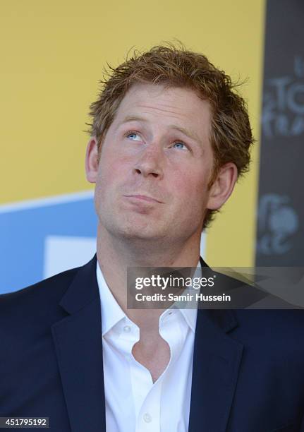 Prince Harry attends the finish of Stage 1 of the Tour de France on July 5, 2014 at Harrogate, Yorkshire, England.
