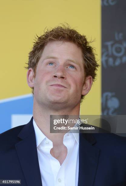 Prince Harry attends the finish of Stage 1 of the Tour de France on July 5, 2014 at Harrogate, Yorkshire, England.