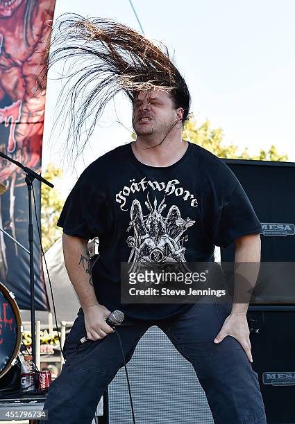George "Corpsegrinder" of Cannibal Corpse performs at Rockstar Energy Drink Mayhem Festival at Shoreline Amphitheatre on July 6, 2014 in Mountain...
