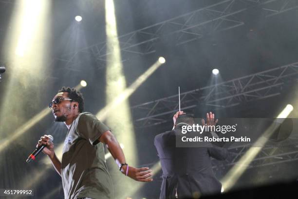 Del the Funky Homosapien and Dan the Automater of Deltron 3030 perform during the 2014 Festival International de Jazz de Montreal on July 6, 2014 in...