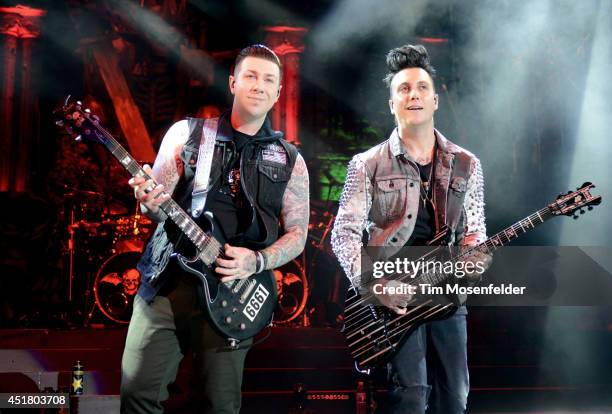 Zacky Vengeance and Synyster Gates of Avenged Sevenfold perform during the Rockstar Energy Mayhem Festival at Shoreline Amphitheatre on July 6, 2014...