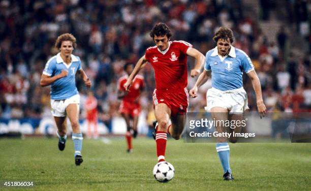 Nottingham Forest player Trevor Francis races through the Malmo defence during the 1979 European Cup Final between Malmo and Nottingham Forest at the...