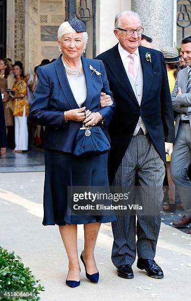 Queen Paola of Belgium and King Albert of Belgium attend at the wedding of Prince Amedeo of Belgium and Elisabetta Maria Rosboch Von Wolkenstein at...