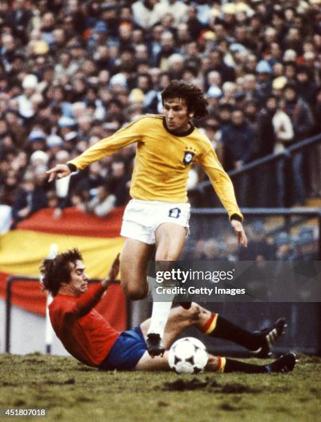 Zico of Brazil rides a challenge during the 1978 FIFA World Cup group match between Brazil and Spain which ended goalless in Mar Del Plata on June 7,...