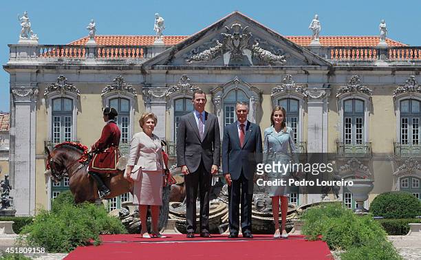 Queen Letizia of Spain and King Felipe VI of Spain are greeted by First Lady of Portugal, Maria Cavaco and President Anibal Cavaco Silva of Portugal...
