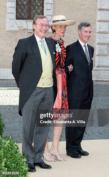 From left, Prince Jean of Luxembourg, Countess Diane de Nassau and Prince Guillaume of Luxembourg attend the wedding of Prince Amedeo of Belgium and...